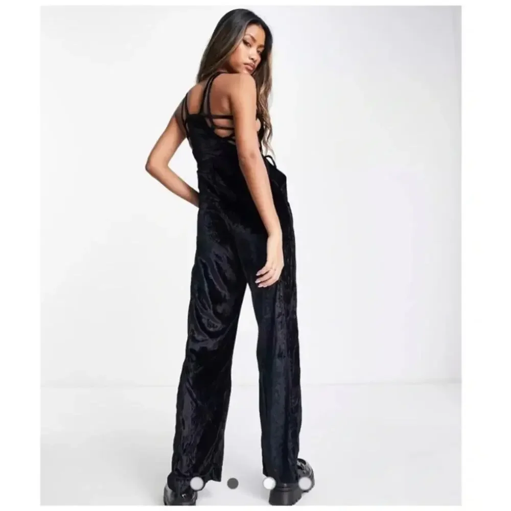 FREE PEOPLE Black Crushed Velvet 90s Forever Lace Up Jumpsuit Wide Leg Small
